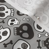 Skulls and Bones Halloween Black & White on Grey Smaller 1,5 inch