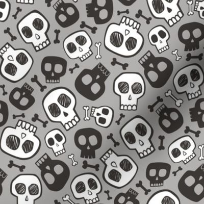 Skulls and Bones Halloween Black & White on Grey Smaller 1,5 inch