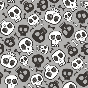 Skulls and Bones Halloween Black & White on Grey Smaller 1,5 inch