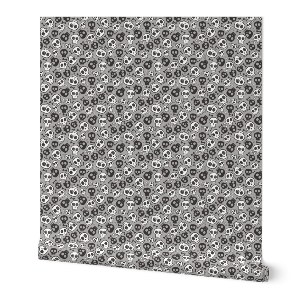 Skulls and Bones Halloween Black & White on Grey Tiny Small 0,75 inch