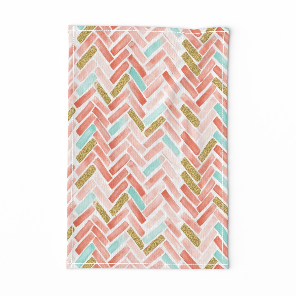 coral mint gold herringbone