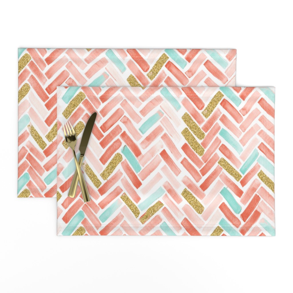 coral mint gold herringbone