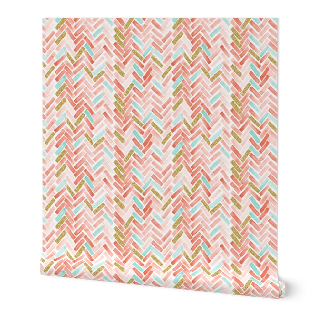 coral mint gold herringbone