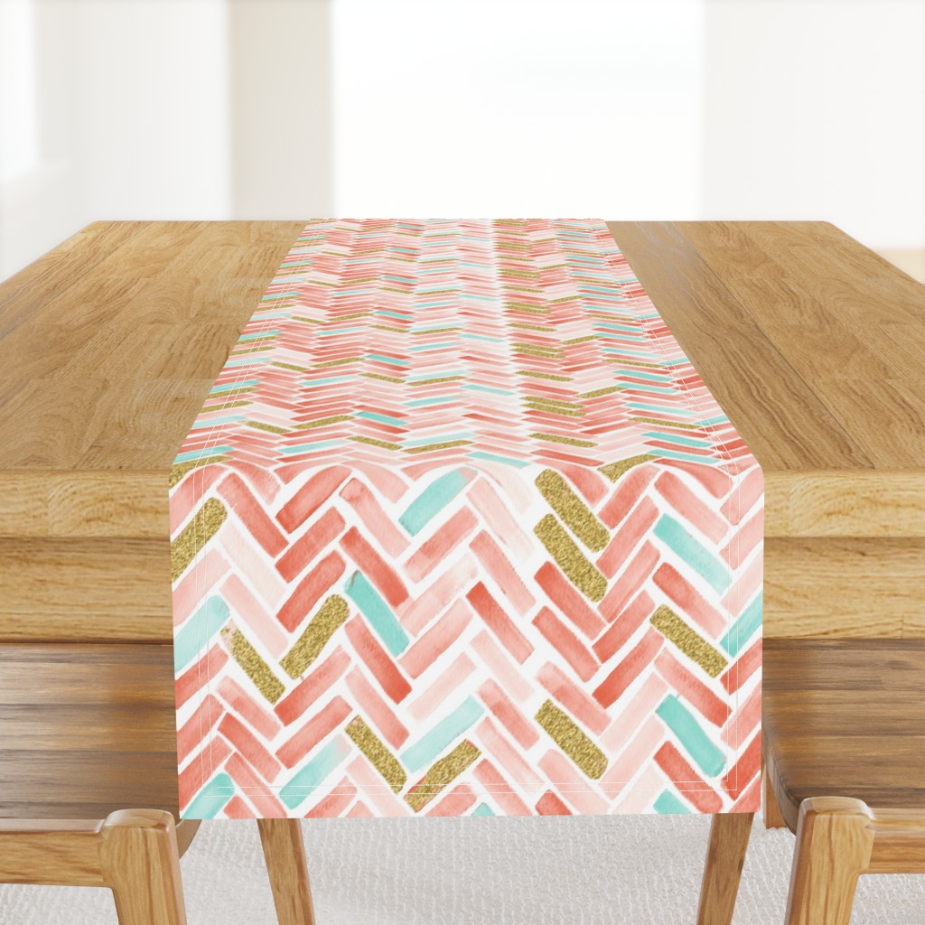 coral mint gold herringbone