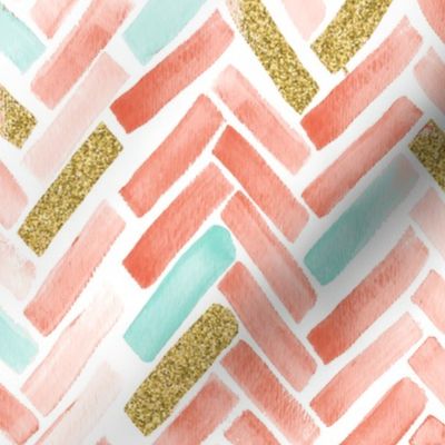 coral mint gold herringbone