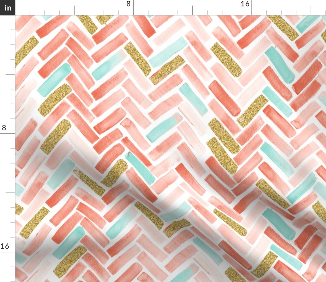 coral mint gold herringbone