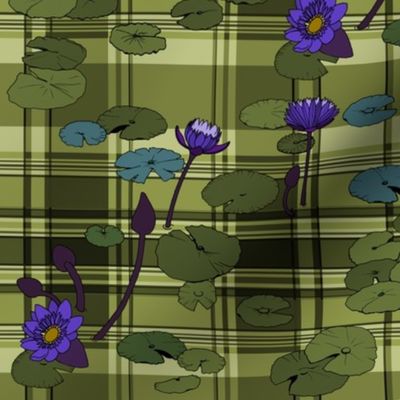 Lily pads in muted on olive plaid