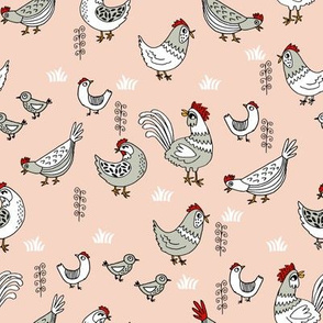 chickens // backyard farm farmyard chicken blush hand-drawn illustration bird birds