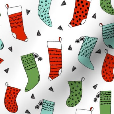 stockings // christmas stocking, christmas fabric, christmas, hand-drawn illustration by andrea lauren, andrea lauren fabric, red and green, cute kids christmas fabric