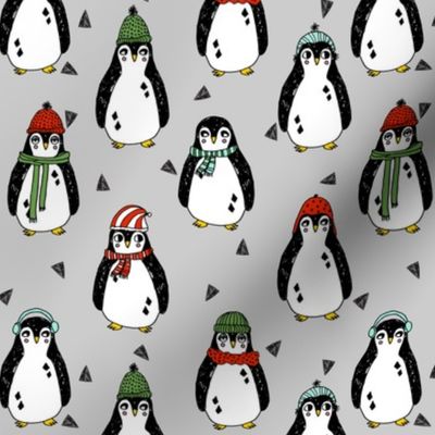 christmas penguins // penguin pingu winter red and green cute scarf penguins winter pingu fabric