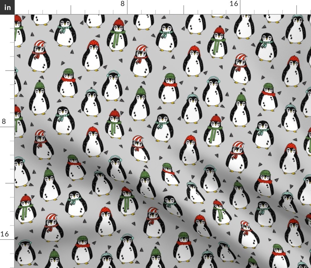 christmas penguins // penguin pingu winter red and green cute scarf penguins winter pingu fabric