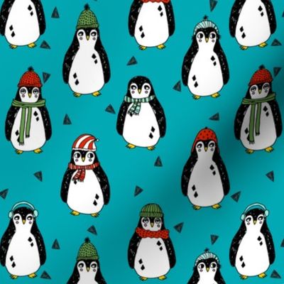 christmas penguin // teal turquoise penguins pingu teal red and green penguins winter red and green xmas