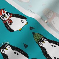 christmas penguin // teal turquoise penguins pingu teal red and green penguins winter red and green xmas