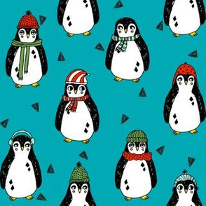 christmas penguin // teal turquoise penguins pingu teal red and green penguins winter red and green xmas