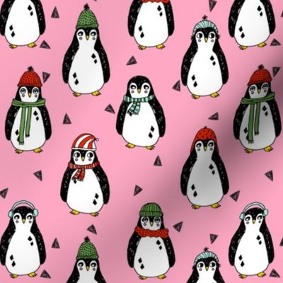 christmas penguin // pink penguins pingu winter pink cute red and green christmas fabric penguins 