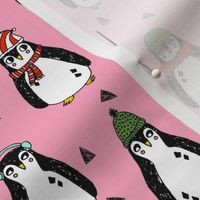 christmas penguin // pink penguins pingu winter pink cute red and green christmas fabric penguins 