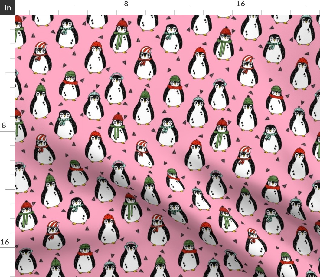 christmas penguin // pink penguins pingu winter pink cute red and green christmas fabric penguins 