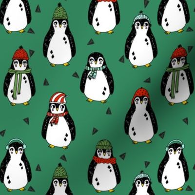 christmas penguins // penguin winter red and green penguin fabric winter penguins fabric 