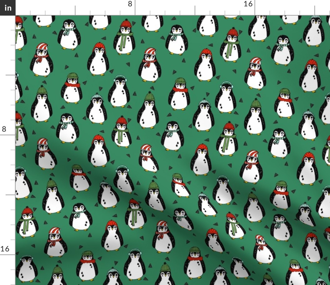 christmas penguins // penguin winter red and green penguin fabric winter penguins fabric 