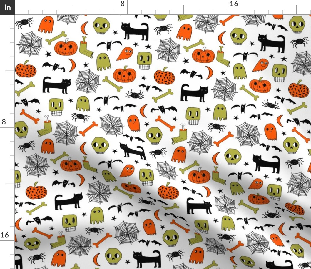 halloween // halloween fabric orange and black halloween scary spooky pumpkin bat spider ghost hand-drawn andrea lauren fabric