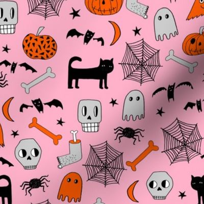 halloween // pink and orange halloween fabric hand-drawn illustration cat skull spider bats hand-drawn illustration andrea lauren fabric