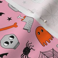 halloween // pink and orange halloween fabric hand-drawn illustration cat skull spider bats hand-drawn illustration andrea lauren fabric