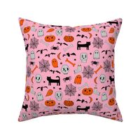 halloween // pink and orange halloween fabric hand-drawn illustration cat skull spider bats hand-drawn illustration andrea lauren fabric