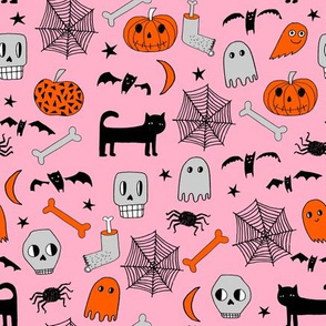 halloween // pink and orange halloween fabric hand-drawn illustration cat skull spider bats hand-drawn illustration andrea lauren fabric