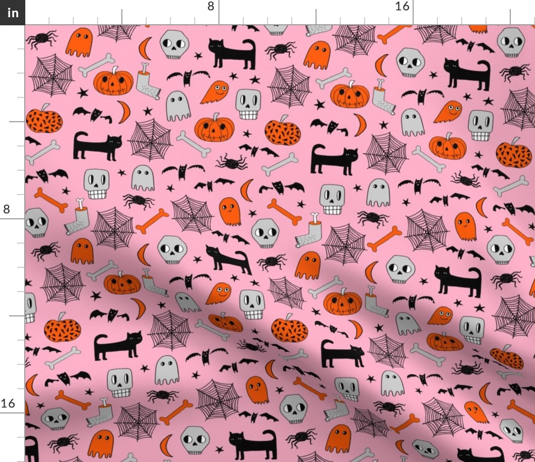 halloween // pink and orange halloween fabric hand-drawn illustration cat skull spider bats hand-drawn illustration andrea lauren fabric