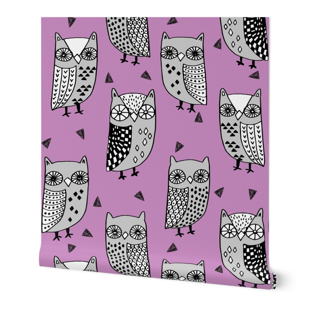 owl // owl fabric owl purple hand-drawn illustration owls bird birds fabric owls andrea lauren fabric andrea lauren design