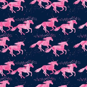 watercolor unicorns (small scale) || pink on navy