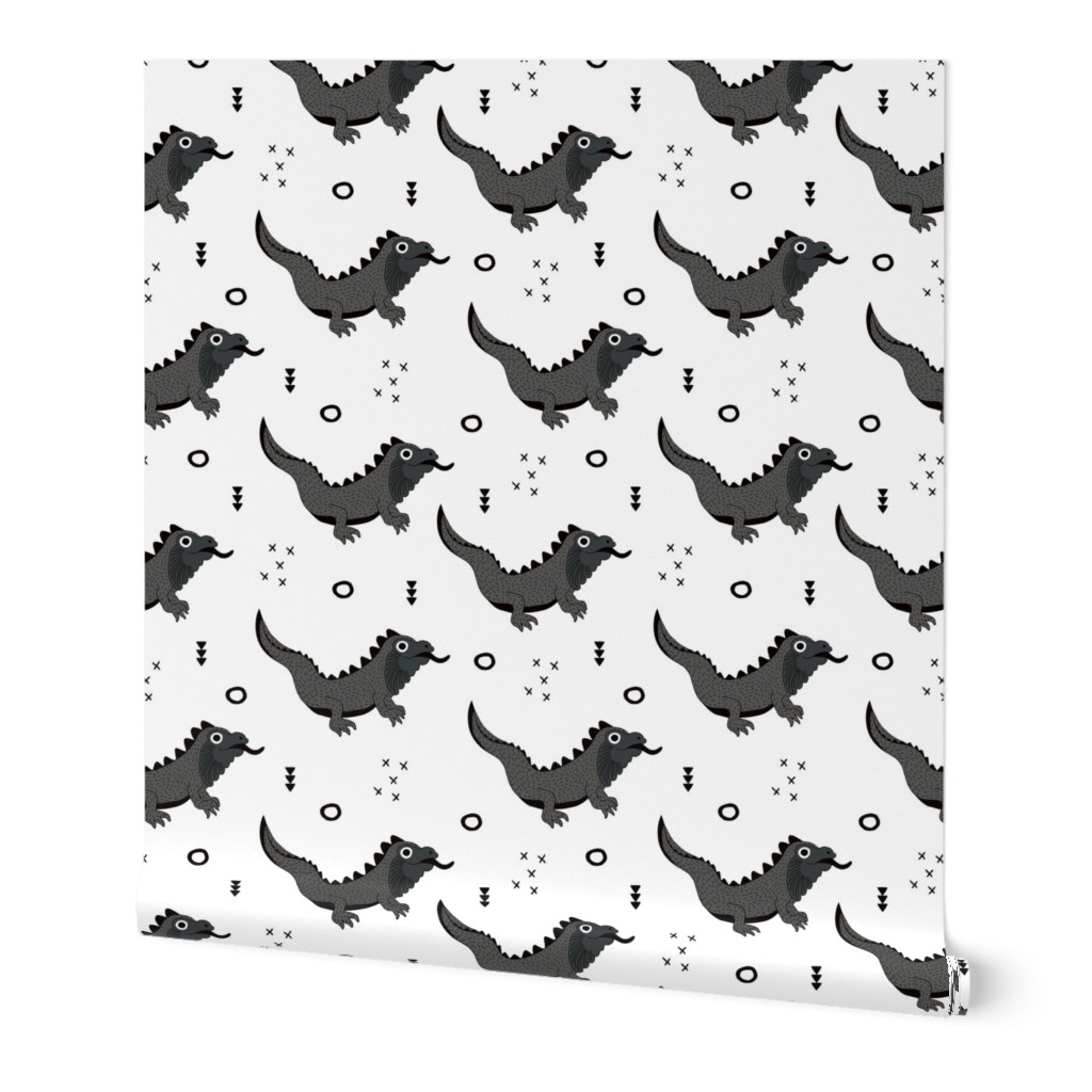 Little fantasy dragon and lizard illustration cool design for kids black and white