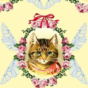 cats Victorian bows ribbons roses flowers fairy insect wings wreaths garlands leaf leaves tabby medallions shabby chic romantic kittens fairies