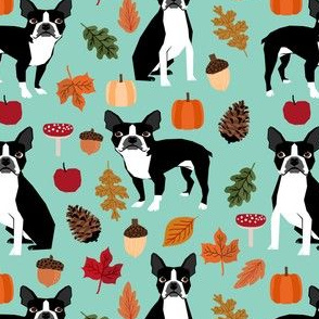 boston terrier mint autumn dog fall pinecones acorns autumn leaves mint dog breed fabric