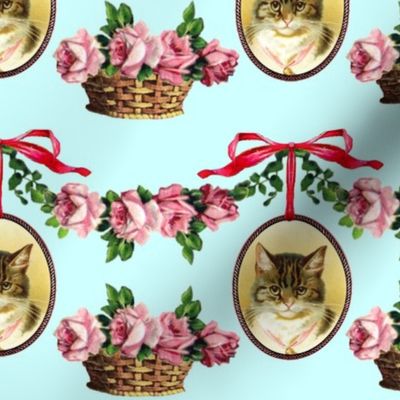 neoclassical victorian baroque rococo cats swags medallions frames baskets flowers floral roses  shabby chic romantic festoon bows ribbons tabby vintage antique wreath garland portrait