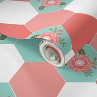 girls wholecloth quilt top cute girls hexagon cheater quilt cheater blanket girls floral flowers cute nursery baby hexies girls coral mint pink cheater 