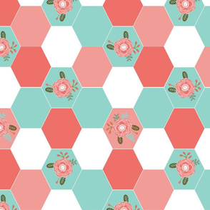 girls wholecloth quilt top cute girls hexagon cheater quilt cheater blanket girls floral flowers cute nursery baby hexies girls coral mint pink cheater 