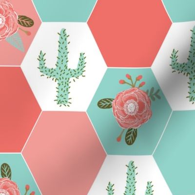 hexagon cheater quilt cactus blanket cactus quilt cute hexies patchwork blanket cheater hexagon blanket coral mint blush cactus florals