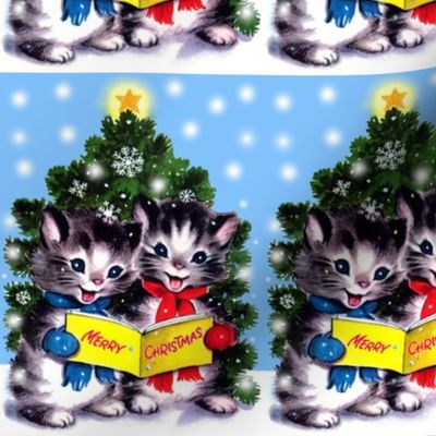 Merry Christmas cats kittens trees snow flakes winter stars carolling  singing carols songs vintage retro kitsch mittens scarf scarves vintage retro kitsch whimsical 