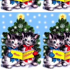 Merry Christmas cats kittens trees snow flakes winter stars carolling  singing carols songs vintage retro kitsch mittens scarf scarves vintage retro kitsch whimsical 