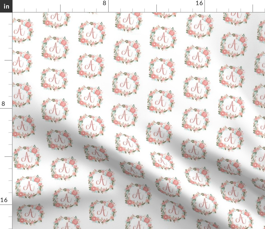 a monogram girls florals floral wreath cute blooms coral pink girls small monogram fabric sweet girls design