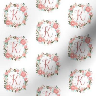 k monogram girls florals floral wreath cute blooms coral pink girls small monogram fabric sweet girls design