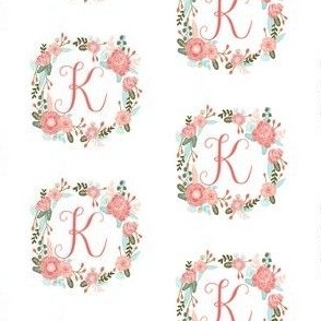 k monogram girls florals floral wreath cute blooms coral pink girls small monogram fabric sweet girls design