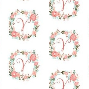 v monogram girls florals floral wreath cute blooms coral pink girls small monogram fabric sweet girls design