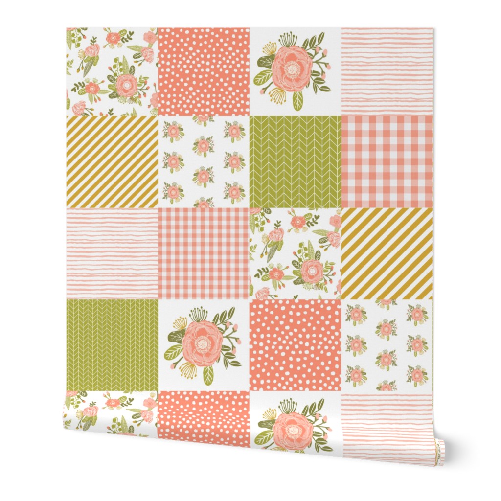 cheater quilt quilt square baby blanket blush coral floral quilt squares