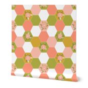 hexagon cheater quilt blush mustard coral peonies florals hexie girls cheater quilt