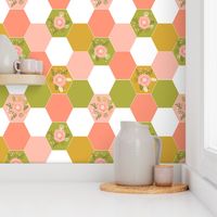 hexagon cheater quilt blush mustard coral peonies florals hexie girls cheater quilt