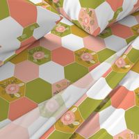 hexagon cheater quilt blush mustard coral peonies florals hexie girls cheater quilt