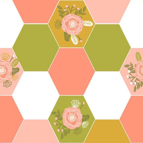 hexagon cheater quilt blush mustard coral peonies florals hexie girls cheater quilt