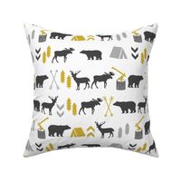 outdoors cabin deer arrows bear moose grey and mustard nursery fabric baby fabric